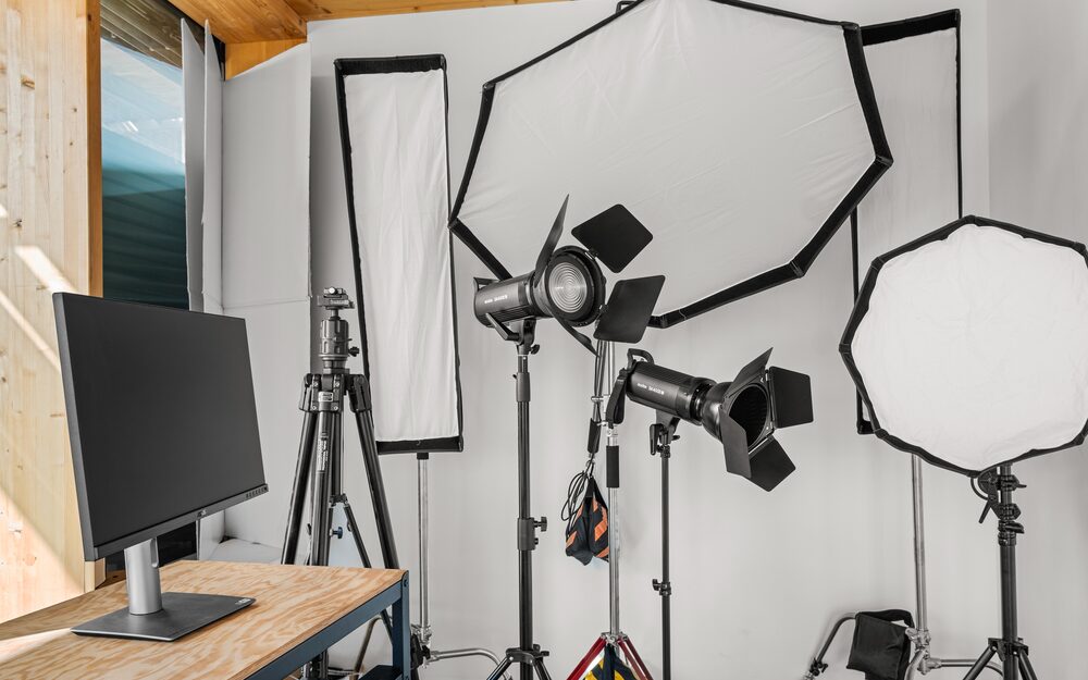 Octaboxes, a strip box and spotlights set up in the studio